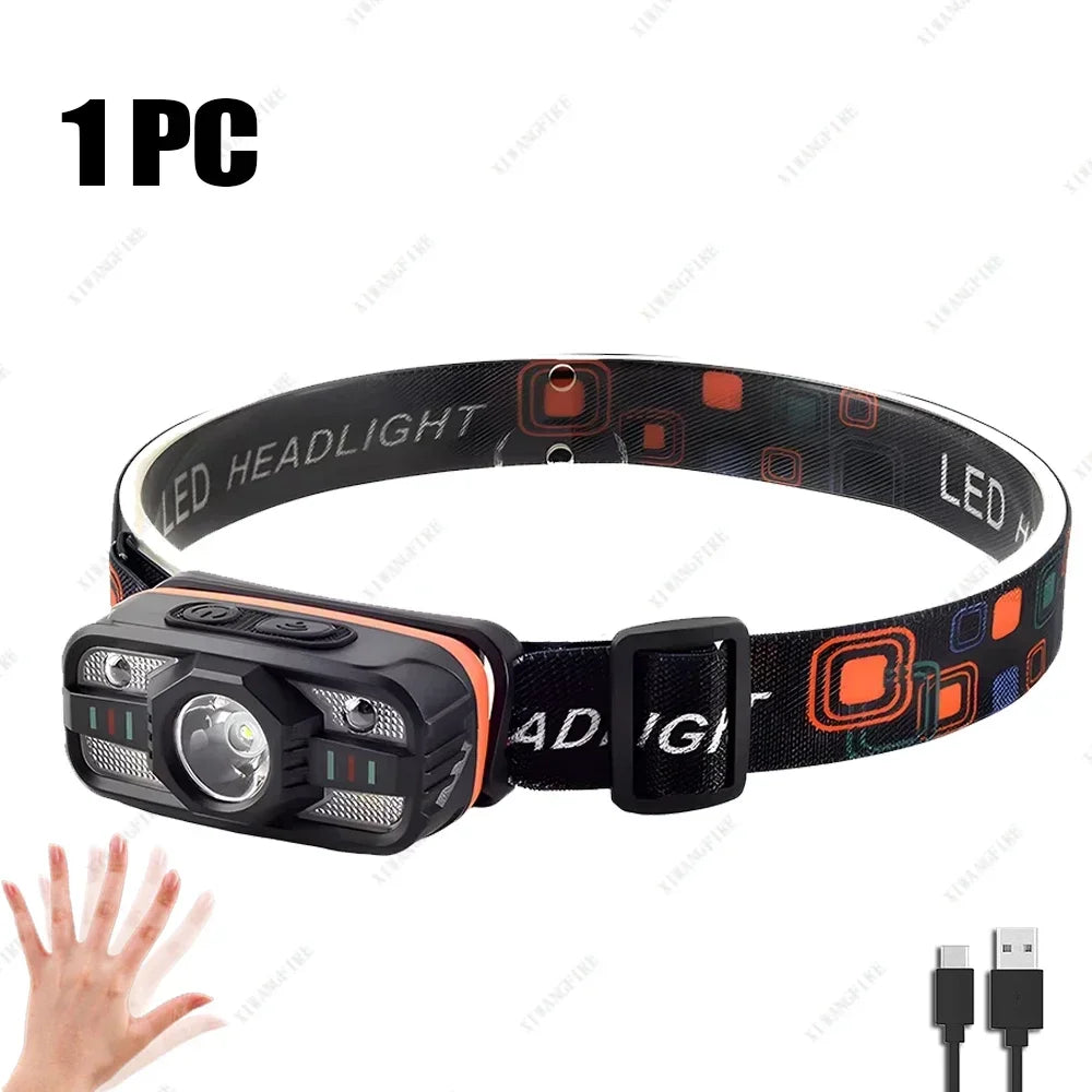 Smart IR Motion Sensor Headlamp Type-C USB Rechargeable Headlight Warning Light Waterproof Head Lamp Induction Head Flashlight