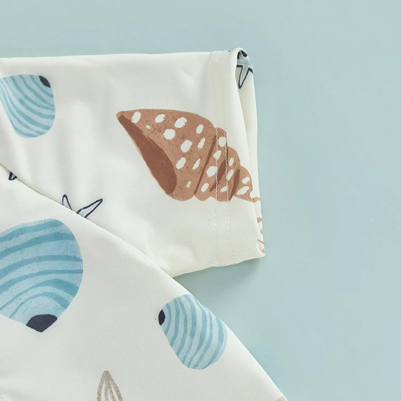 Toddler Boys Rash Guard Swimsuit Playsuits Seashell Print Zipper Short Sleeve Sun Protection Bathing Suit with Swim Cap