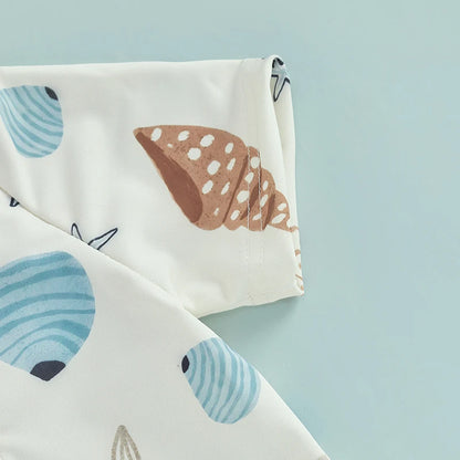 Toddler Boys Rash Guard Swimsuit Playsuits Seashell Print Zipper Short Sleeve Sun Protection Bathing Suit with Swim Cap