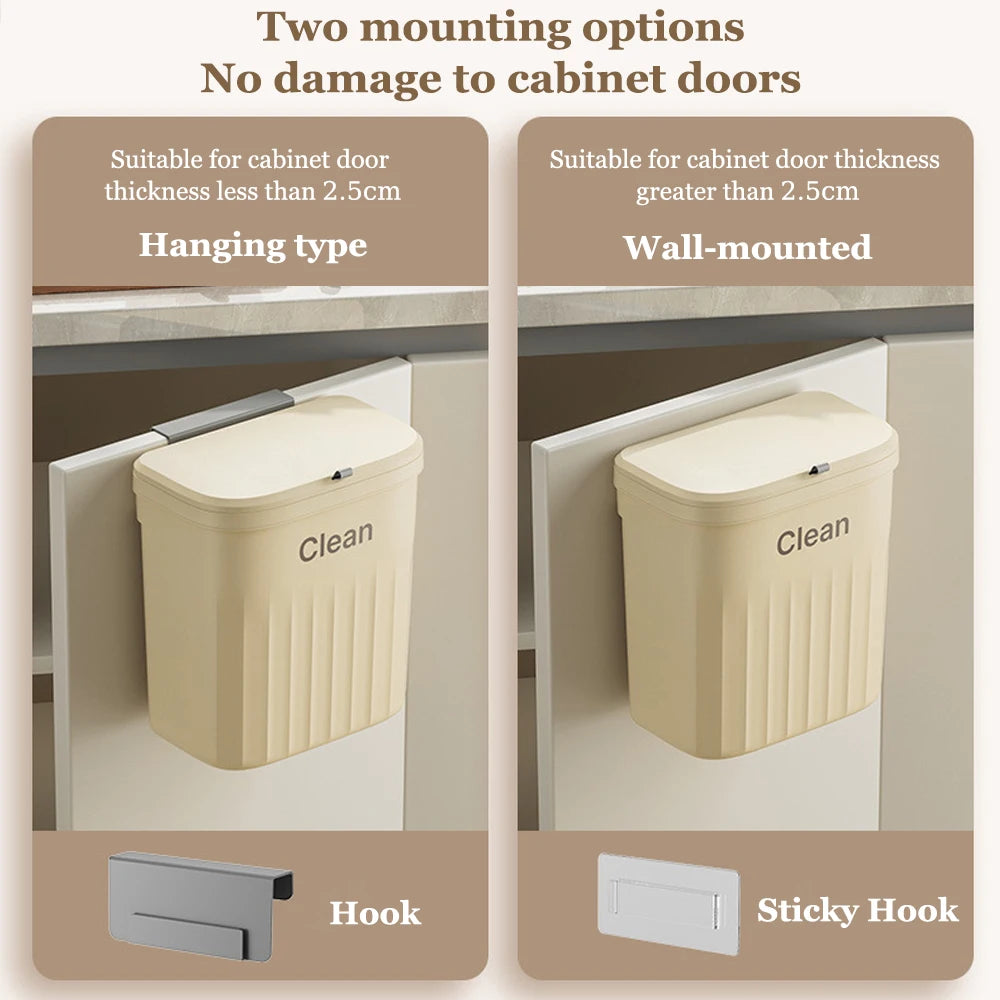 8.5/12L Hanging Trash Can For Kitchen Cabinet Door Wall Mounted Bathroom Wastebasket Toilet Trash Bin with Lid Garbage bag