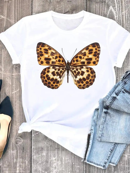 Summer Clothing leopard love heart sweet Fashion Women Tee T-shirts Casual Short Sleeve Regular Female Graphic T Shirt Clothes