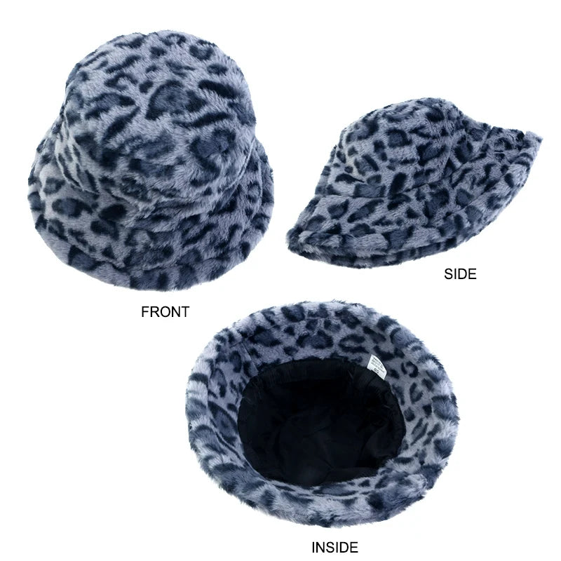 Autumn Winter Leopard Print Bucket Hat Thick Soft Warm Plush Fisherman Hat Fashion Outdoor Sun Protection Caps For Men Women