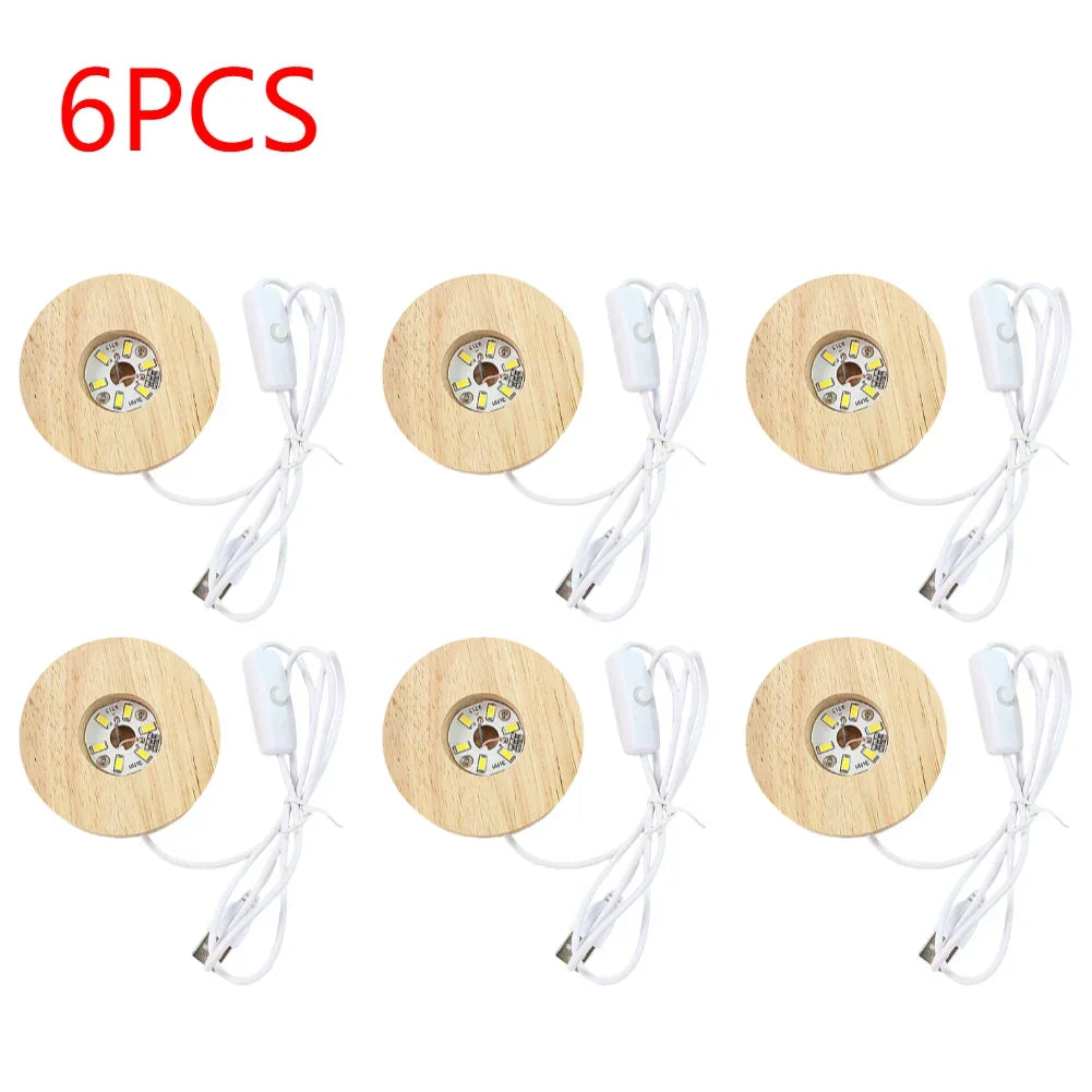 10-1PCS Handmade LED Wood Display Base USB Round Wooden Night Lamp Base Bedroom Resin Ornament Stand DIY Night Light