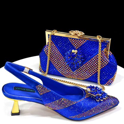 Venus Chan 2024 Green Rhinestone High Heels Pointed Toe Mixed Color Sexy Ladies Shoes With Clutch Bag Set For Luxury Party