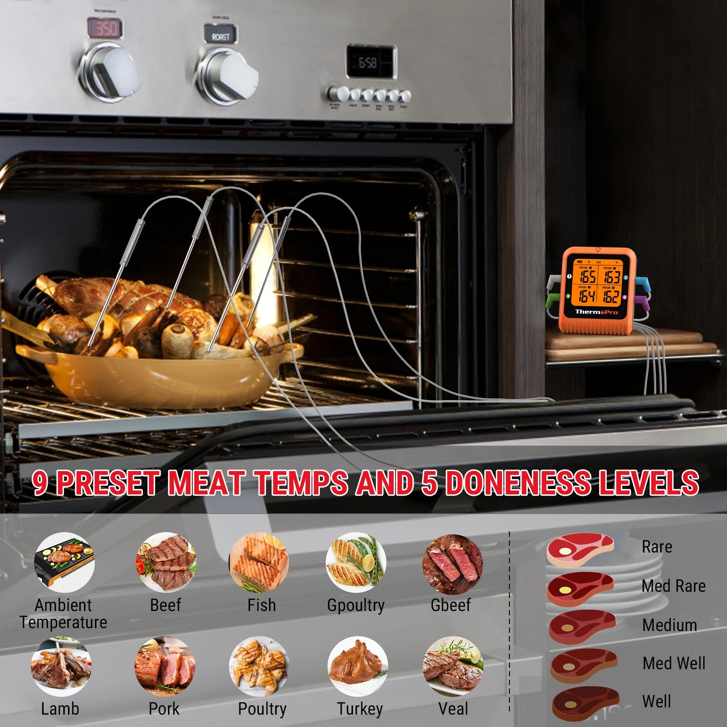 ThermoPro TP930 Wireless 200M Bluetooth-connected Phone APP 4 Probes Backlight Digital Oven Meat Thermometer For Kitchen Cooking