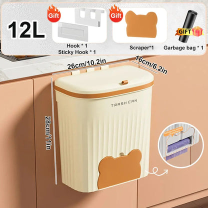 8.5/12L Hanging Trash Can For Kitchen Cabinet Door Wall Mounted Bathroom Wastebasket Toilet Trash Bin with Lid Garbage bag
