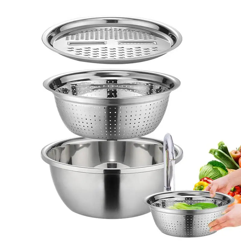 Stainless Steel Vegetable Slicer Grater 3in1 Colanders Basin Grater Bowl Drain Basket Kitchen Household Thickened Drainage Basin