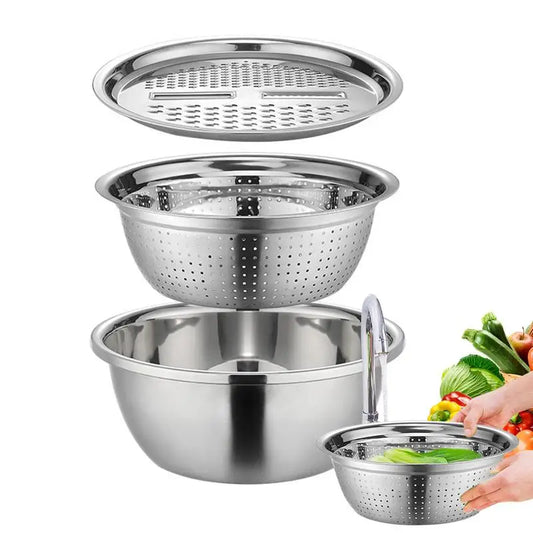 Stainless Steel Vegetable Slicer Grater 3in1 Colanders Basin Grater Bowl Drain Basket Kitchen Household Thickened Drainage Basin
