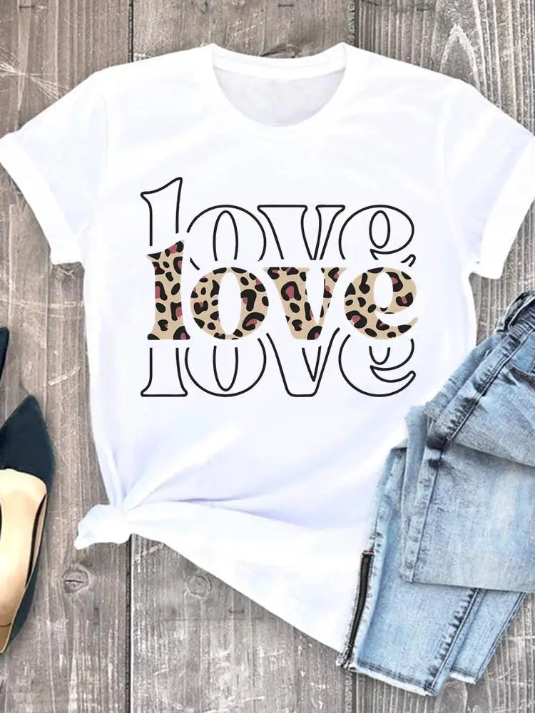 Summer Clothing leopard love heart sweet Fashion Women Tee T-shirts Casual Short Sleeve Regular Female Graphic T Shirt Clothes