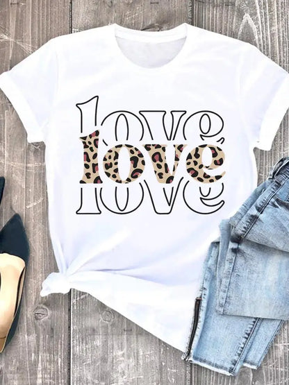 Summer Clothing leopard love heart sweet Fashion Women Tee T-shirts Casual Short Sleeve Regular Female Graphic T Shirt Clothes