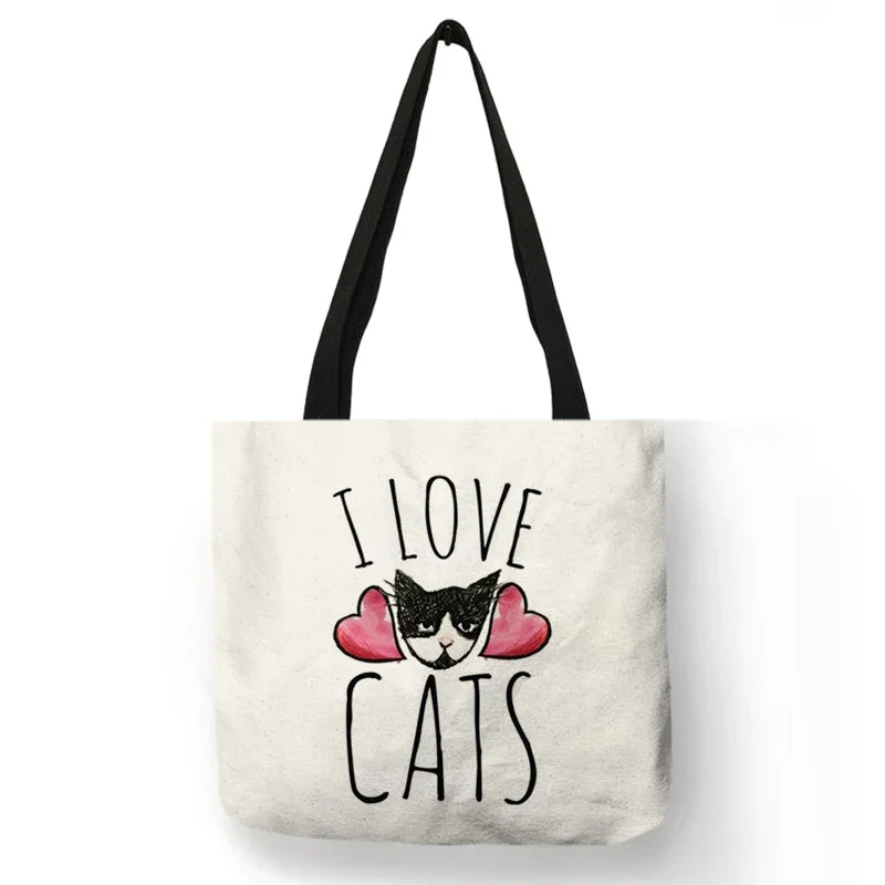 Black Cat Print Animal Art Painting Shopping Hand Bag Women Shoulder Bag Eco Large Graphic Tote Shopper Bag  for Boutique