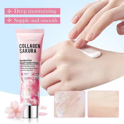 SADOER Sakura Collagen Hand Cream Moisturizing & Nourishing, Brightening Care, Anti-Wrinkle Anti-Crack Cream for Hands 60G