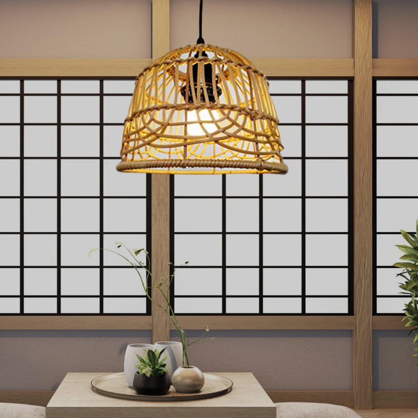 Weave Rattan Lampshade Retro Chandelier Light Cover Ceiling Pendant Lamp Cover for Home Living Room Bedroom Teahouse Hotel