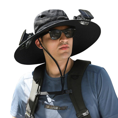 Sun Hat with 2 Solar Fan Fishing Wide Brim Fishing Hat for Outdoor Summer Camping Beach USB & Solar Powered Caps Sun Protection
