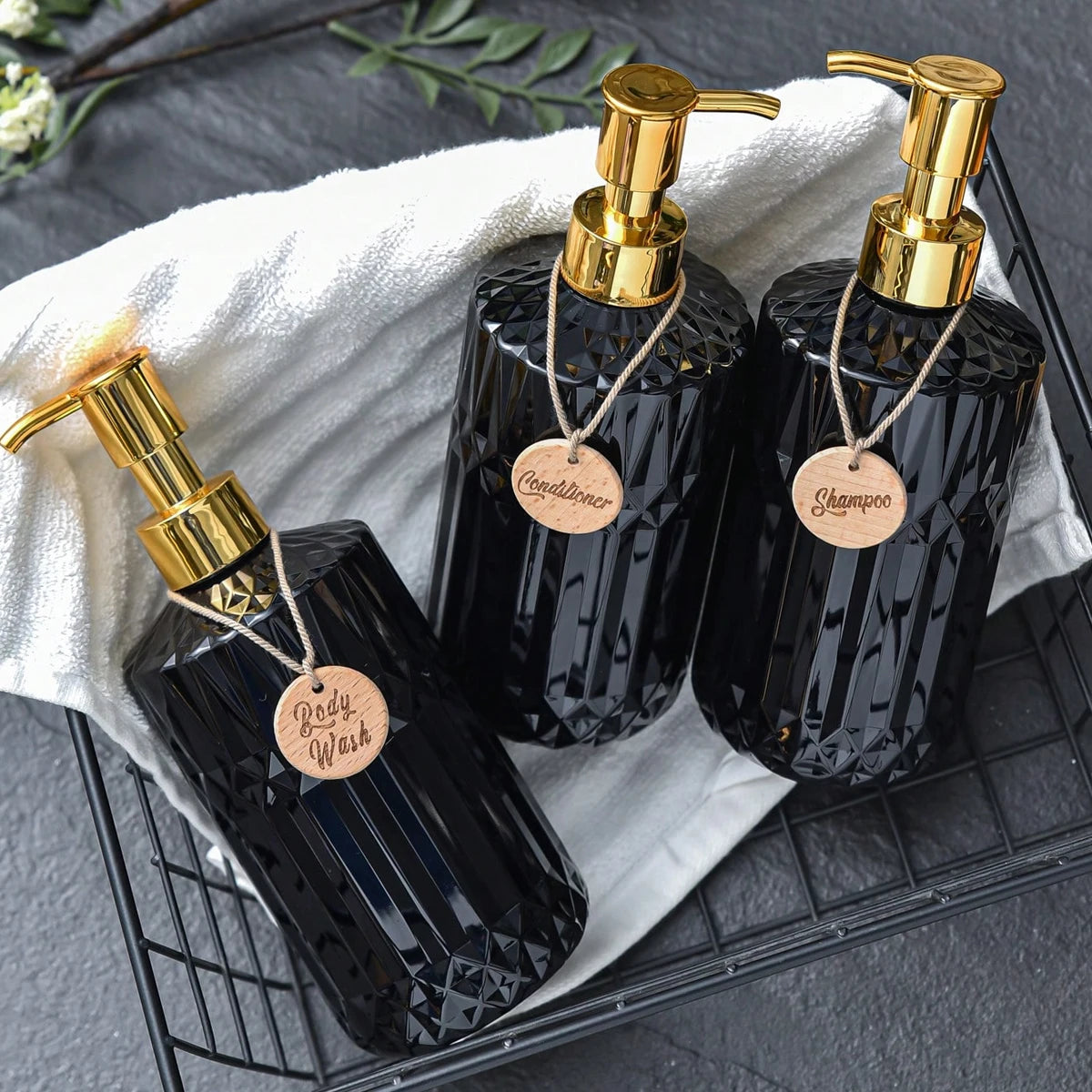 Soap Dispenser Rhombus Lotion Bottle Bathroom and Kitchen Sink Dish Soap Hands Soap Shampoo Container with Silicone Tray Tags