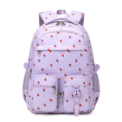 Waterproof Schoolbag Strawberry Print Large Capacity Backpack Shoulder Bag Bookbags Nylon Travel Student Daily Zipper School Bag