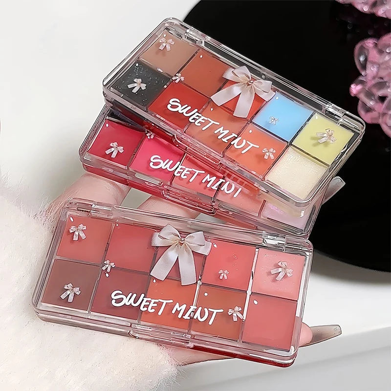 Sweet Mint 10-Color Lip Tint Palette — Natural Hydrating Formula, Non-Transfer Mirror-Gloss Finish,