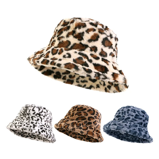 Autumn Winter Leopard Print Bucket Hat Thick Soft Warm Plush Fisherman Hat Fashion Outdoor Sun Protection Caps For Men Women