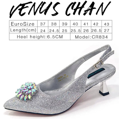 Venus Chan 2024 Green Rhinestone High Heels Pointed Toe Mixed Color Sexy Ladies Shoes With Clutch Bag Set For Luxury Party