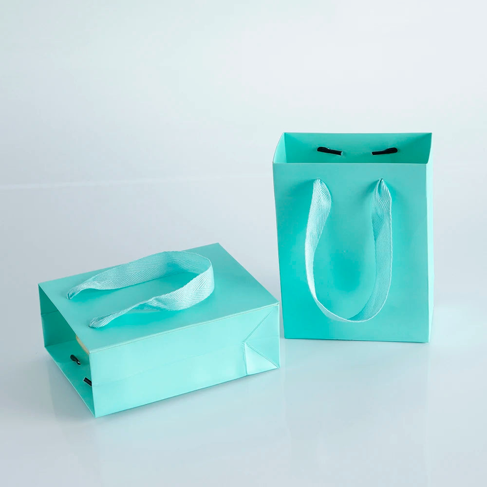 10Pack Bulk Blue White Gift Paper Bags with Ribbon Rope Kraft Handle Shopping Paper Bag 14x7x15cm Fast Food Take Away Packaging