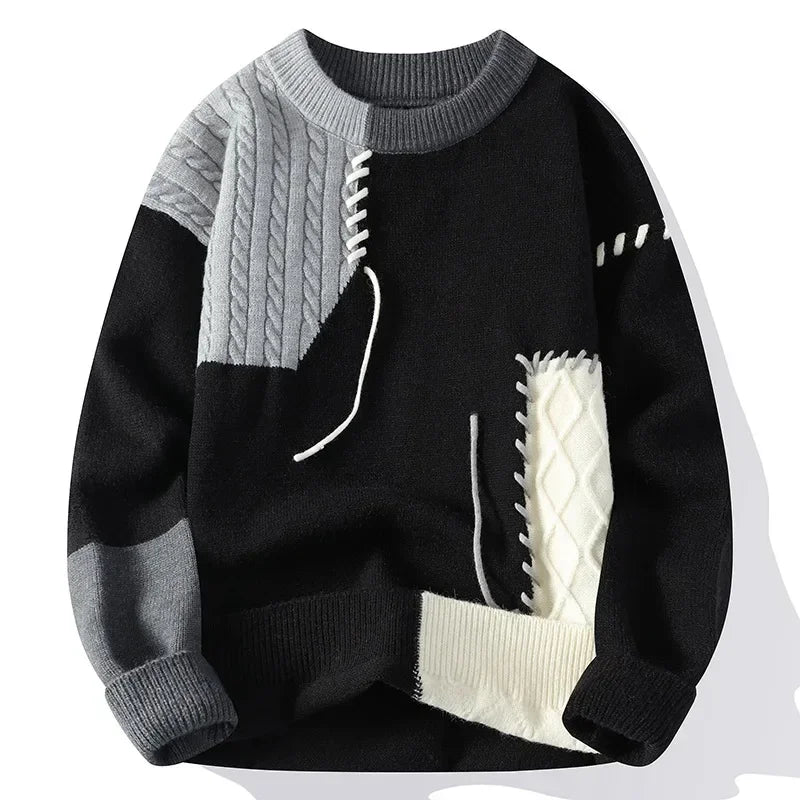 Men Knitted Jumpers Patchwork Sweater O Neck Pullovers Spliced Long Sleeve Jumper Slight Strech Standard Wool 2024 Casual