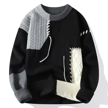 Men Knitted Jumpers Patchwork Sweater O Neck Pullovers Spliced Long Sleeve Jumper Slight Strech Standard Wool 2024 Casual
