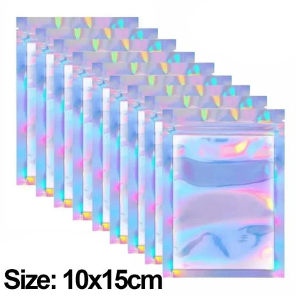100/10PCS Laser Sealing Bags Plastic Holographic Candy Food Pouch Resealable Necklace Jewelry Gift Packaging Kitchen Storage Bag