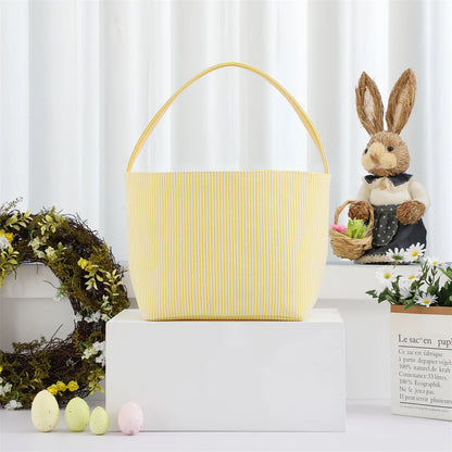 Seersucker Easter Basket Halloween Stripped Bucket Kids Boys Girls Egg Hunt Carrying Gift Tote Bag Toys Party Decoration