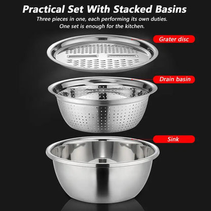 Stainless Steel Vegetable Slicer Grater 3in1 Colanders Basin Grater Bowl Drain Basket Kitchen Household Thickened Drainage Basin