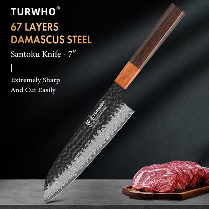 TURWHO 7 inch Damascus Steel Japanese Chef Knives Sharp Slicing Utility Kitchen Knives Cooking Tools Hand Forged Santoku Knife