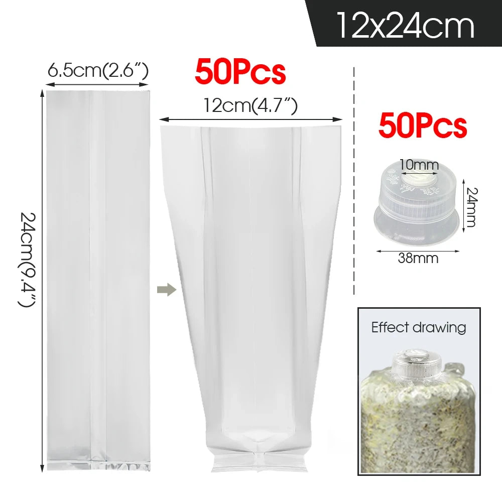 50/100PCS Mushroom Spawn Grow Bag with Sealing Cotton Filter Cap Heat-resistance Plastic Planter Bags Bamboo Fungus  Ganoderma