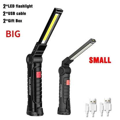 USB Rechargeable Portable COB LED Flashlight Work Light Magnetic Lanterna Hanging Lamp with Built-in Battery Camping Torch