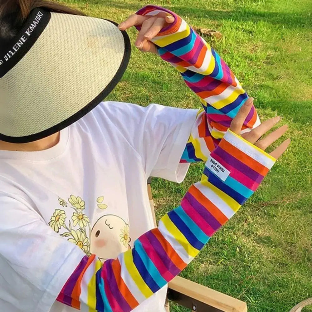 1 Pair Dual-Color Striped Sun Protection Arm Sleeves Loose Summer Outdoor Protector Solar Sleeves Women Ice Sleeve Arm Protector