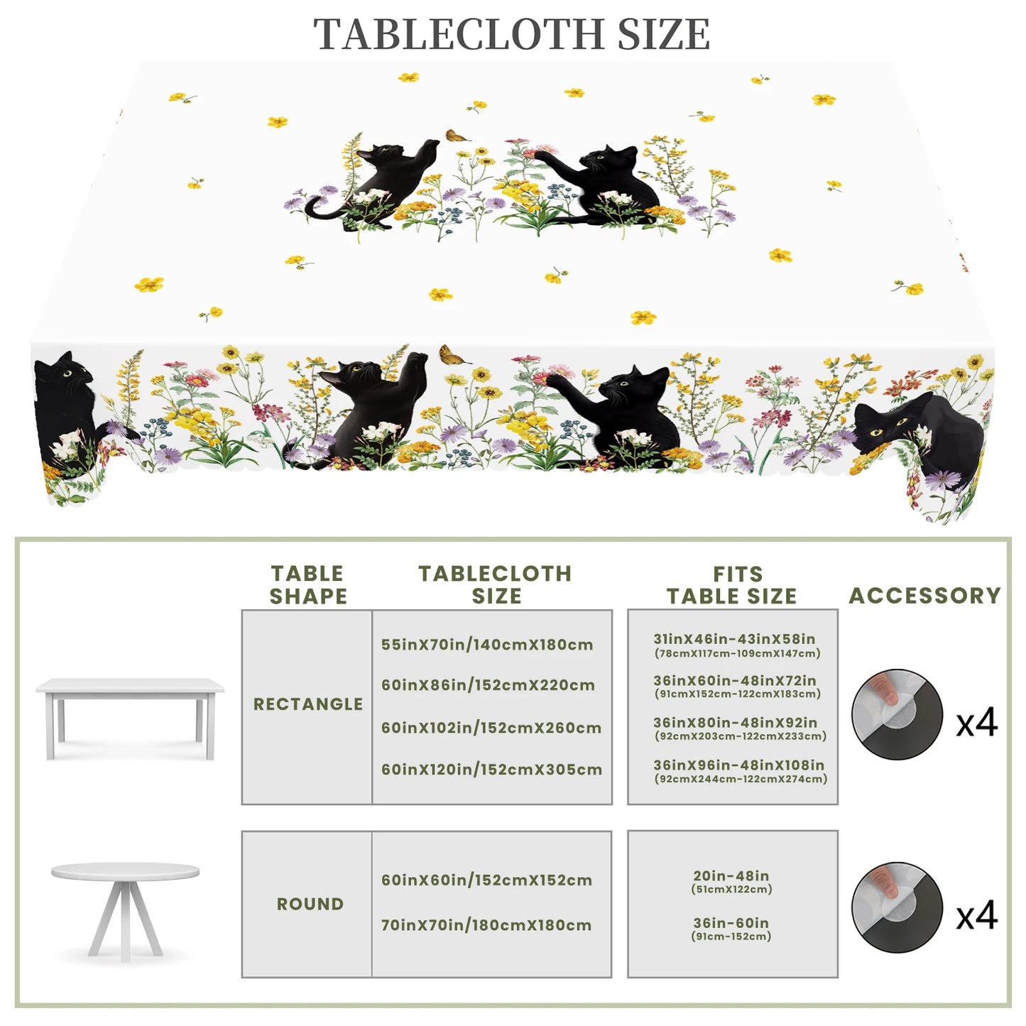 1 Piece of Kitten Themed Printed Tablecloth, Country Farmhouse Style, Black Kitten, Flower Pattern Design, Multiple Sizes Available, Suitable for Spring and Summer, Garden Party during Holiday, Camping Style Decoration, Kitch