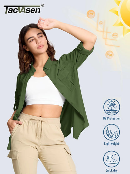 TACVASEN Quick Dry Hiking Fishing Blouse Womens Long Sleeve Button Down Outdoor Camping Shirts Breathable Sun Protection Tops