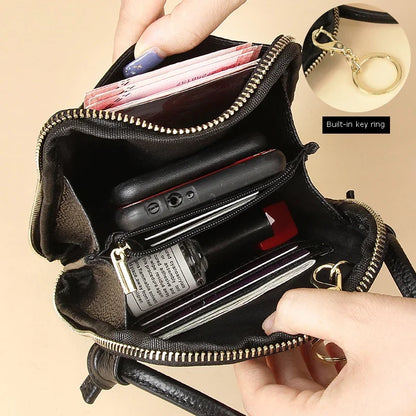 Brand Mini Shoulder Bags for Women's Genuine Leather Zipper Crossbody Handbag Fashion Phone Purse Ladies Small Bag with Keyring