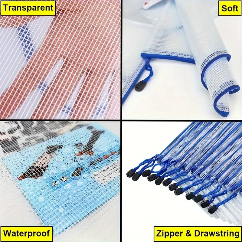 5pcs Transparent Zipper Storage Bag A3 A4 5 Plastic Mesh Waterproof Storage for Files Toys Stationery for Office Home Travel Use