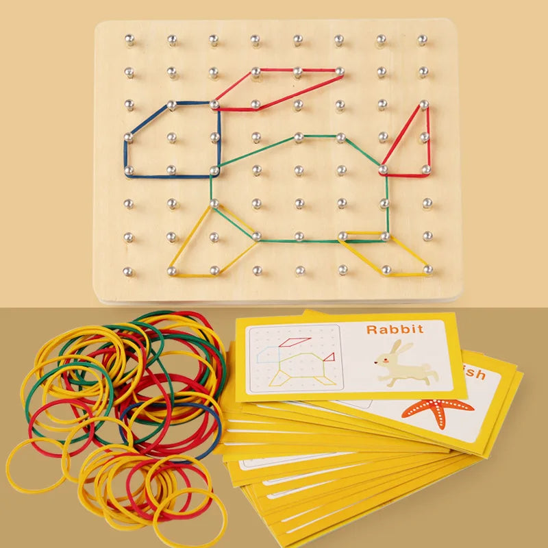 Wooden Puzzle Toys Geometric Shape Rubber Band Nailboard Game Kids Montessori Educational Creative Toy Fine Motor Training