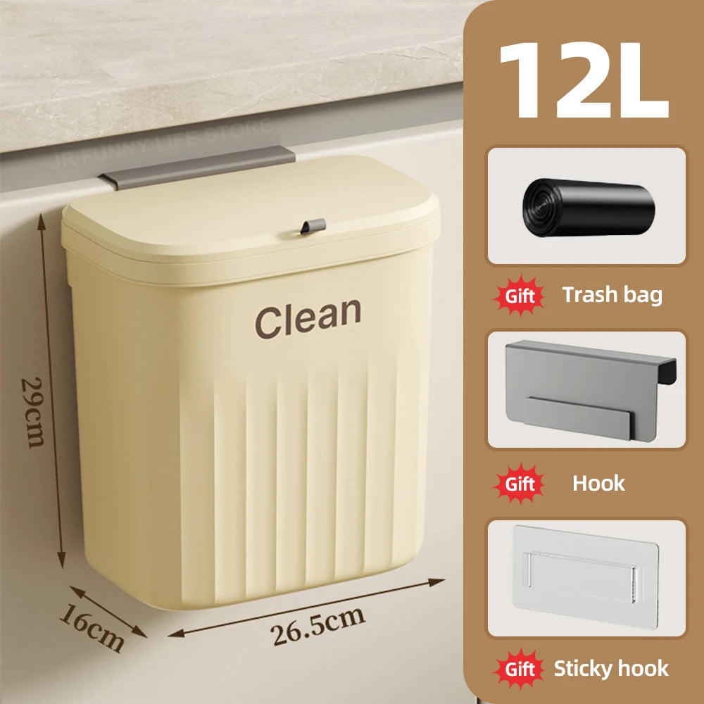 8.5/12L Hanging Trash Can For Kitchen Cabinet Door Wall Mounted Bathroom Wastebasket Toilet Trash Bin with Lid Garbage bag