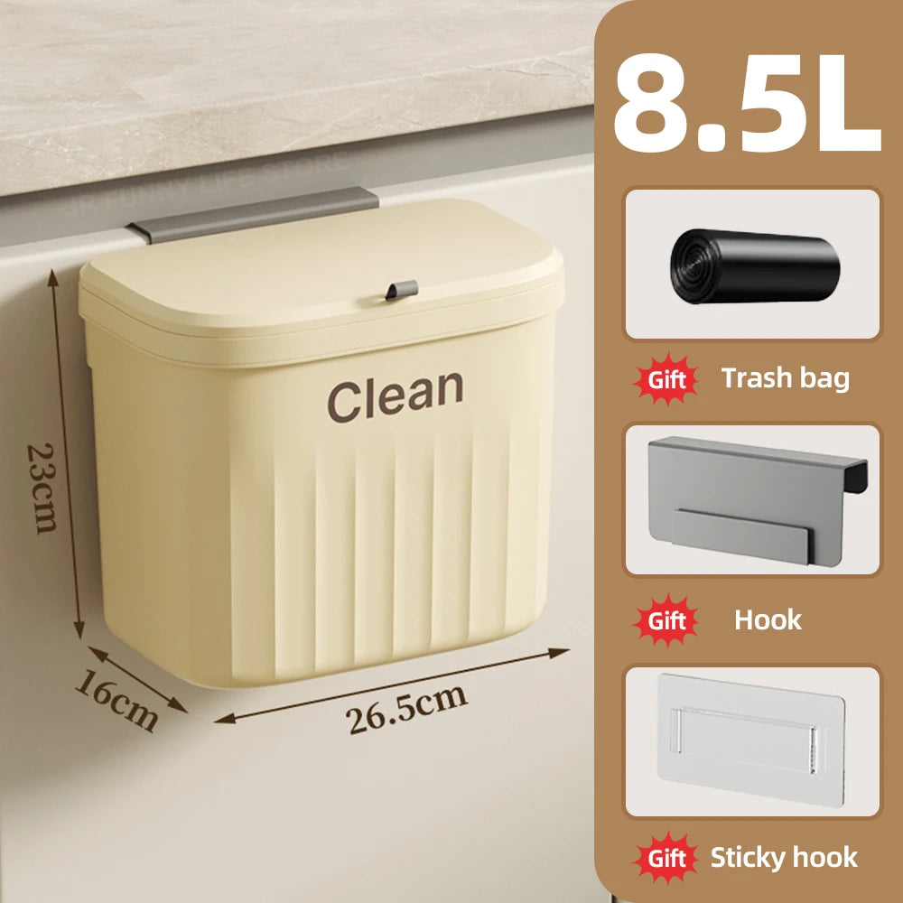 8.5/12L Hanging Trash Can For Kitchen Cabinet Door Wall Mounted Bathroom Wastebasket Toilet Trash Bin with Lid Garbage bag