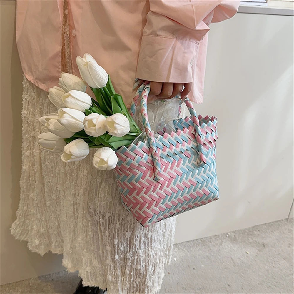Summer Trend Hand Woven Handbag Square Little Basket 2025 New Straw Cute Colorful Bags Hundred Collision Color Holiday Beach Bag