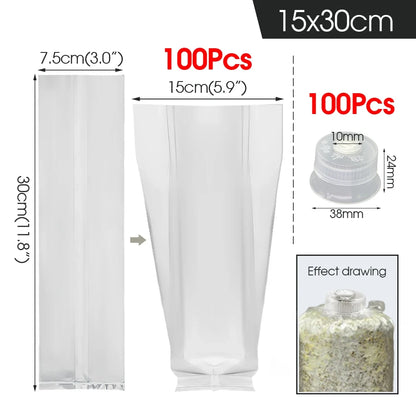50/100PCS Mushroom Spawn Grow Bag with Sealing Cotton Filter Cap Heat-resistance Plastic Planter Bags Bamboo Fungus  Ganoderma