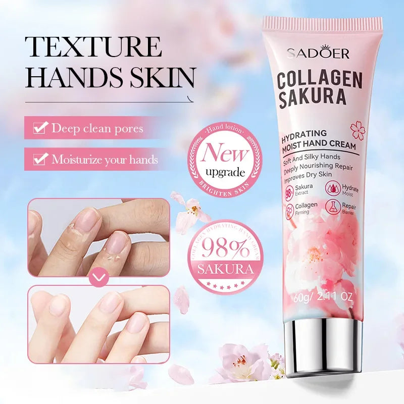 SADOER Sakura Collagen Hand Cream Moisturizing & Nourishing, Brightening Care, Anti-Wrinkle Anti-Crack Cream for Hands 60G