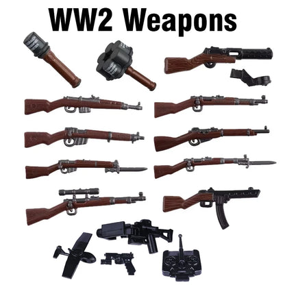 WW2 Military Accessories Wood Grain Guns Building Blocks Germany Soviet British Soldier Weapon Parts Rifle 98k Mini Bricks Toys