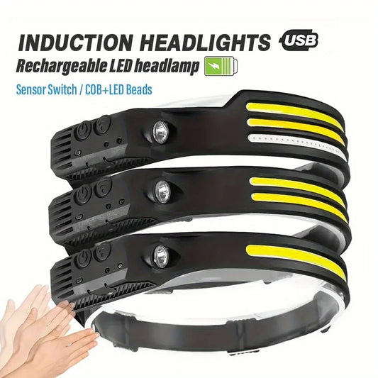 1 LED+COB USB Rechargeable Headlight, Motion Sensor Headlight, Suitable for Running, Fishing, Camping, Hiking, Emergency Lights