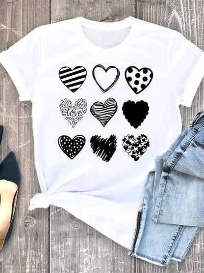 Summer Clothing leopard love heart sweet Fashion Women Tee T-shirts Casual Short Sleeve Regular Female Graphic T Shirt Clothes