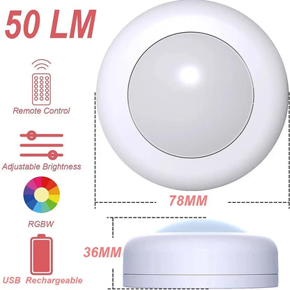 USB Rechargeable LED Puck Light Wireless RGBW Colors Night Light With Remote Control For Bed Room Closet Kitchen