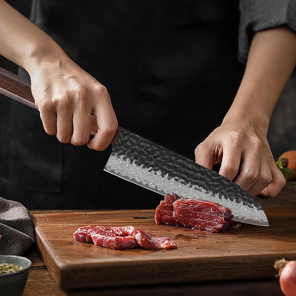 TURWHO 7 inch Damascus Steel Japanese Chef Knives Sharp Slicing Utility Kitchen Knives Cooking Tools Hand Forged Santoku Knife