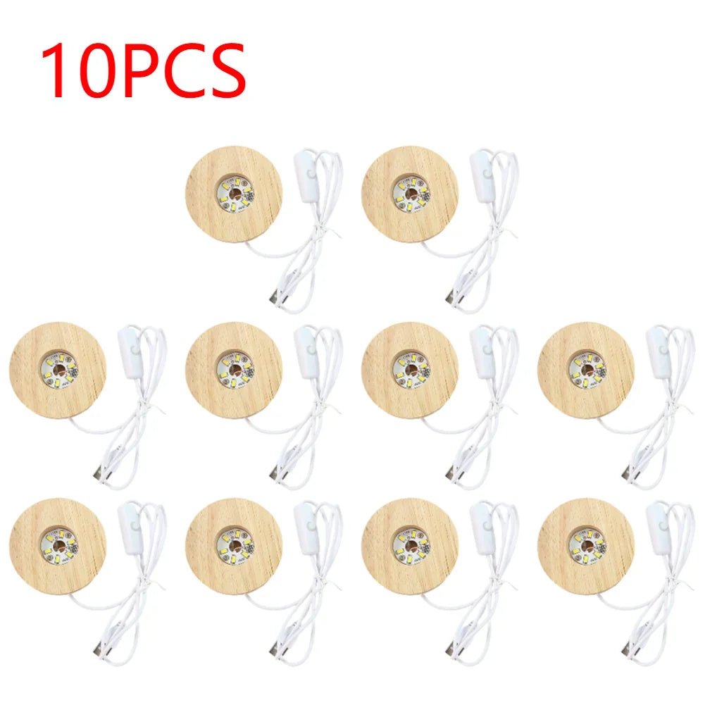 10-1PCS Handmade LED Wood Display Base USB Round Wooden Night Lamp Base Bedroom Resin Ornament Stand DIY Night Light