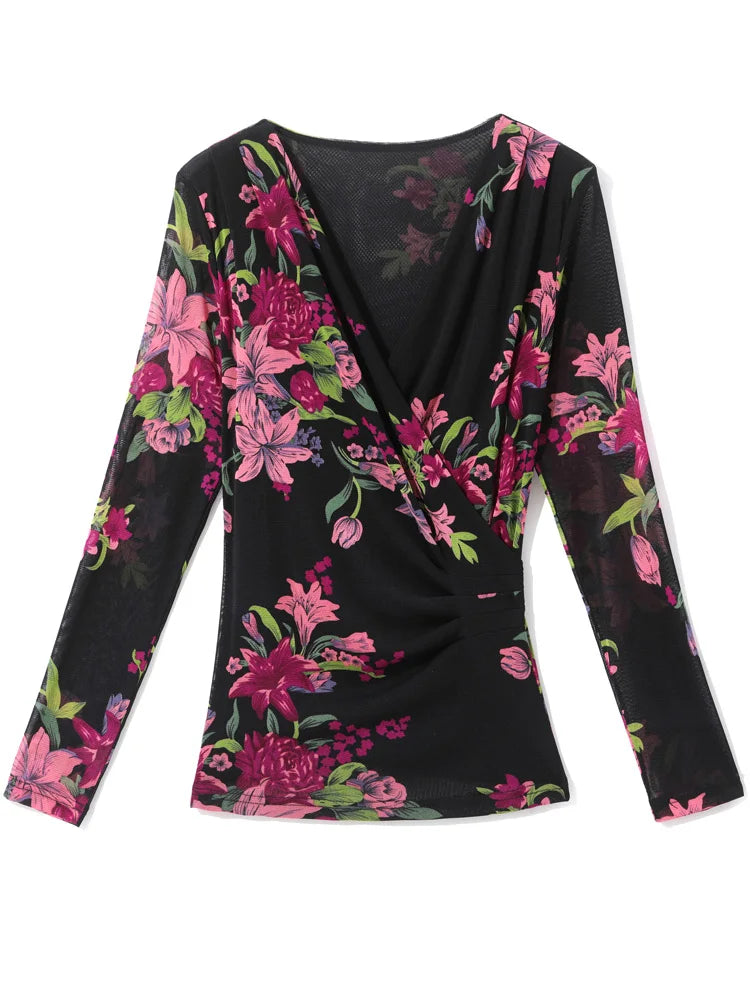 Women Long Sleeve T-Shirts Size M-3XL Printed Floral Mesh Tops Female Bottoming T Shirts Full Sleeve V-neck T-shirt